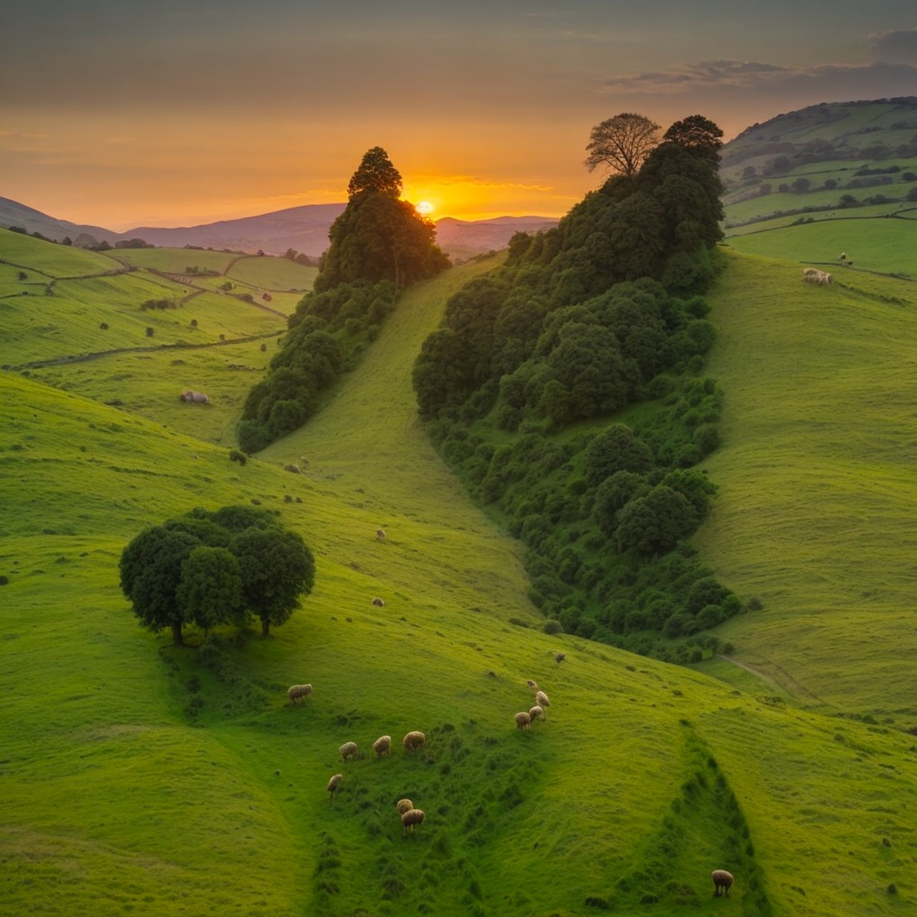 ai generated image of rolling green hills at sunset. There are trees and bushes making some areas of the image look darker and if the detail of these elements is reduced to just a pattern of light and dark areas, they actually make the face of a border collie.