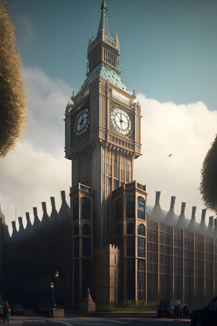an ai generated image of a clocktower, with malformed fine detail on the clock face and roofs