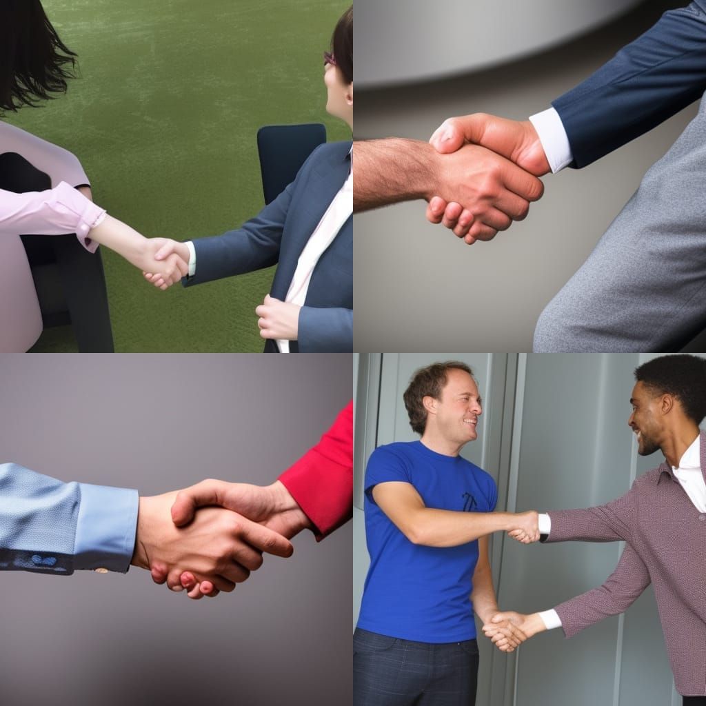 Ai generated handshake images showing painfully twisted hands arms and fingers seemingly merging the flesh together in places.