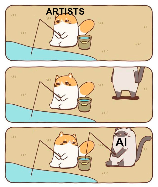 a 3 panel comic in which a cat is fishing in a large body of water beside the cat is a bucket to contain his catches. A second cat approaches and starts fishing, not in the water, but in the other cat's bucket. The first cat is labelled Artists, the second cat is labelled AI.