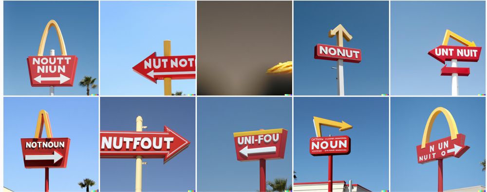AI generated signs for in'n'out burger, none of which have the right wording and some of which inexplicably contain parts of the McDonald's logo
