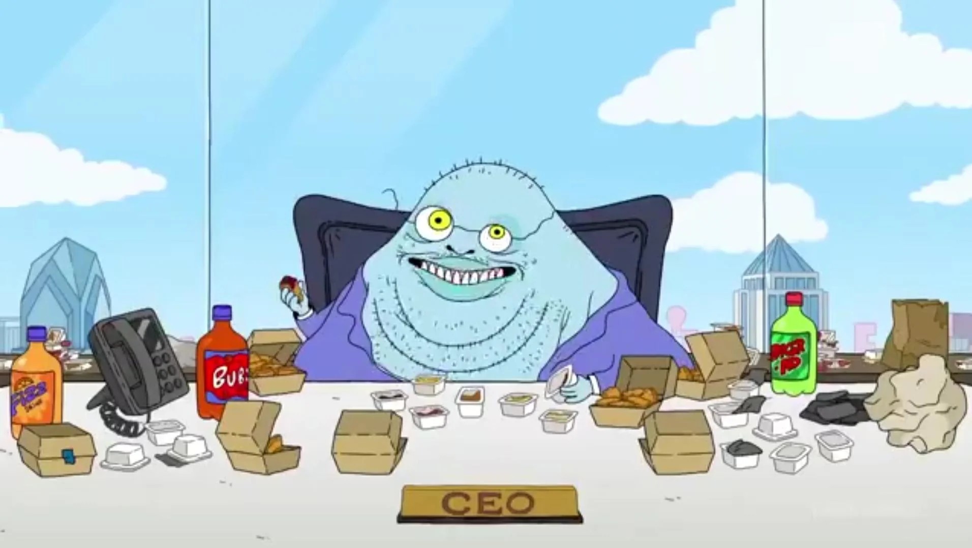 Cartoon depiction of the average videogame publishing CEO in the excellent TV show Smiling Friends