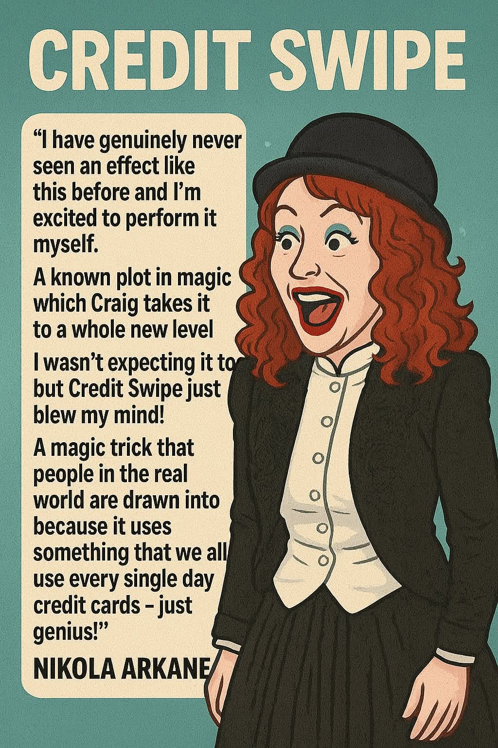 AI art of someone not entirely dissimilar to Nikola Arkane, beside a very complimentary quote regarding Craig Petty's effect Credit Swipe