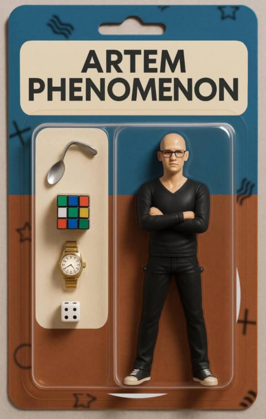 an AI generated image of a magician action figure, depicted with additional props such as a dice and a rubik cube